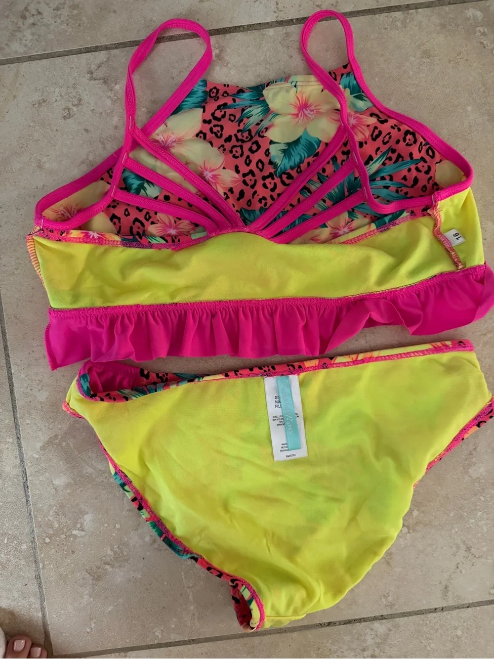 Girls' Neon Pink Tropical Ruffle Bikini Set